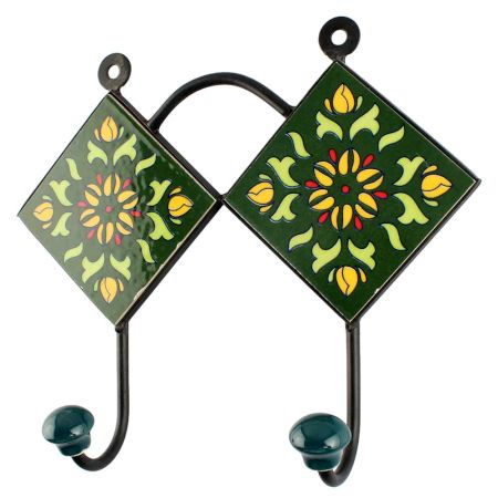 Ceramic Floral tile Hook in Forest Green